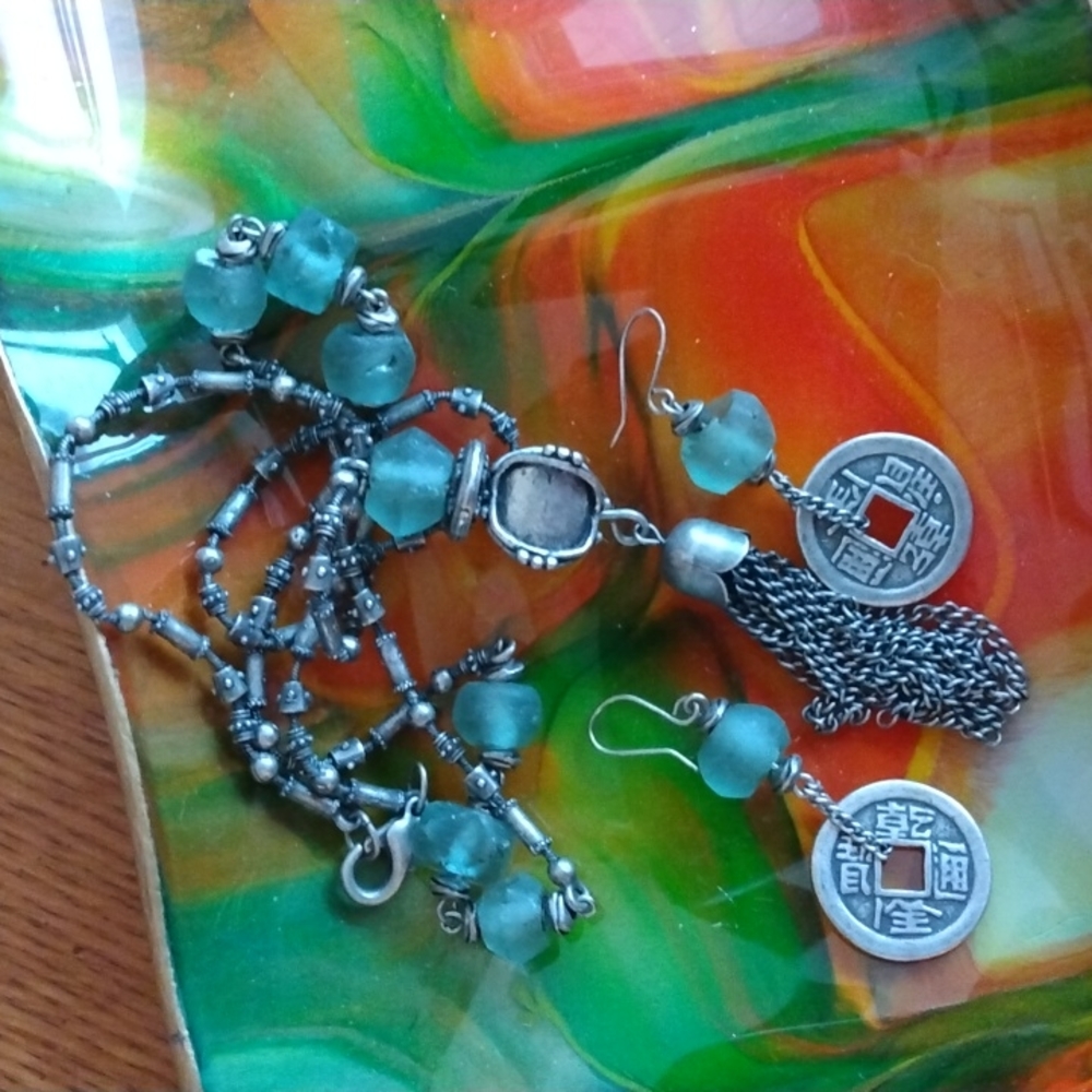 Frosted Green Glass Necklace with Matching Chinese Coin Earrings Parure